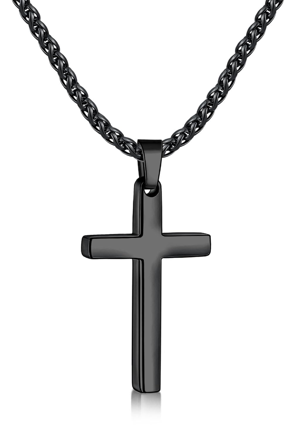 Fiusem Cross Necklace for Men Black Mens Cross Necklaces with 2.5mm Cross Chain 316L Stainless Steel Wheat Chain 22"